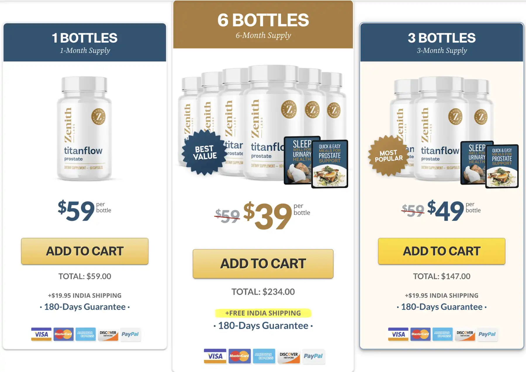 TitanFlow pricing packages 1 bottle 3 bottles 6 bottles best value